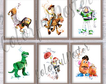 Toy Story Character Art Prints, Set of 6 Poster, Disney Pixar Nursery Decor, Woody Buzz & Friends Wall Art for Kids Room, Birthday Gift V299