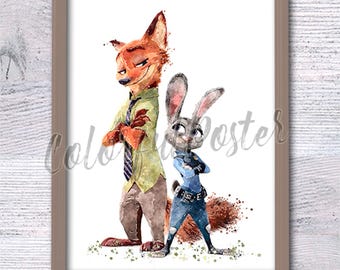 Impresión en acuarela de Zootopia: Nick y Judy, decoración para habitación infantil V381
