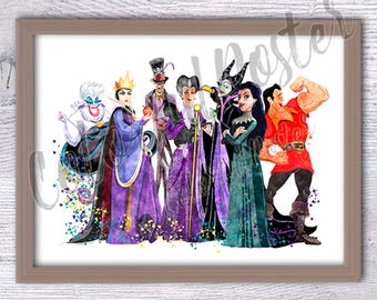 Impresión de Disney, ilustración de la Reina Malvada, póster de villanos, decoración de pared de Disney, arte de pared para habitación infantil, acuarela de villanos V335