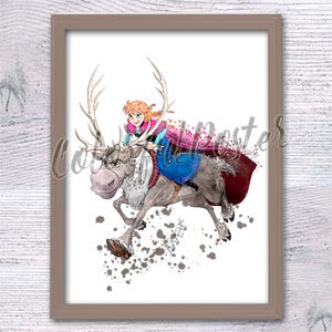 Anna riding Sven Anna form Frozen Princess Anna friend Sven Home decor Birthday gift Wall art Princess Anna watercolor Frozen print V862