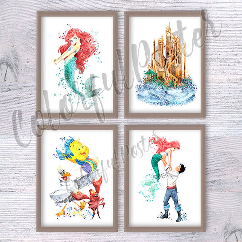 Little Mermaid Set of 4 Ariel print Ariel poster Disney wall decor Nursery art Baby shower gift Disney castle Bathroom decor