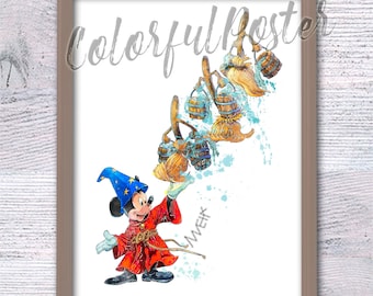 Mickey Mouse Fantasia Print, Sorcerer's Apprentice Art, Magic Brooms Poster V878