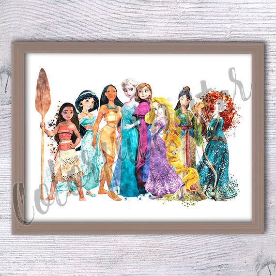 Disney princesses watercolor print Disney princess art poster | Etsy