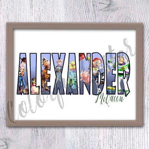 Spersonalizowany plakat Toy Story, niestandardowa nazwa Toy Story Print, wystrój pokoju dziecięcego, prezent Woody Buzz Lightyear, wyjątkowy prezent urodzinowy V684