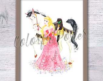 Sleeping Beauty poster Aurora with horse Princess Aurora print  wall decor Nursery art  princess Aurora with friends V777