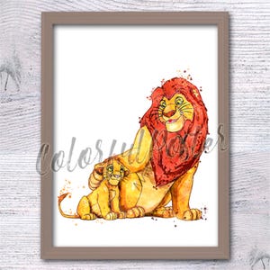 König der Löwen Aquarell Print: Mufasa und Simba Kinderzimmer Illustration V671