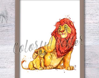 Impresión en acuarela del Rey León: Mufasa y Simba, arte infantil V671