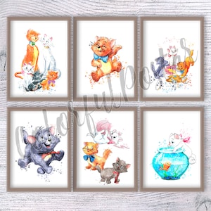 Conjunto de 6 láminas de Los Aristogatos, póster de Los Aristogatos, adorables gatitos, decoración del hogar, arte mural infantil, acuarela de Los Aristogatos Marie, regalo de cumpleaños V855