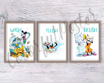 Micky Maus Badezimmer Wand Kunst, Disney Badezimmer Dekor für Kinder, Spaß Cartoon Print, Süßes Waschraum Poster, Geschenk für Disney Fans V811
