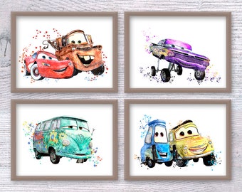 Cars print Set of 4 Cars  poster Lightning McQueen print Nursery art  wall decor Cute cars Christmas gift V461