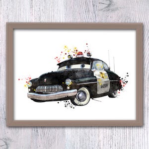May include: A watercolor painting of a black police car with a red and yellow light on top. The car has the word "Sheriff" written on the side. The car is surrounded by colorful watercolor splatters.