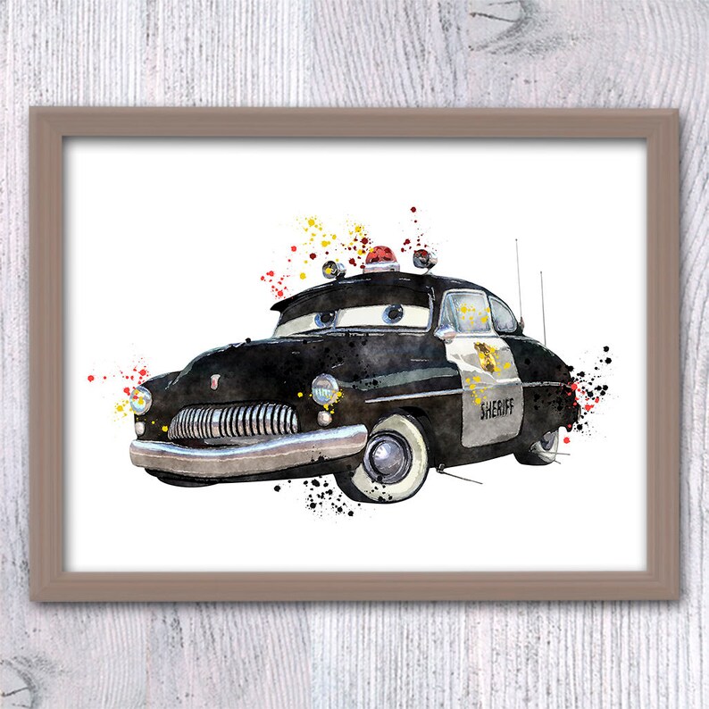 May include: A watercolor painting of a black police car with a red and yellow light on top. The car has the word "Sheriff" written on the side. The car is surrounded by colorful watercolor splatters.