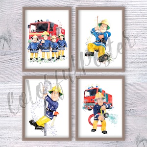 Póster de Sam el bombero Juego de 4 Decoración de pared de Sam el bombero Compañeros bomberos Arte infantil Sam Tan bombero Bombero de dibujos animados Regalo de Navidad V740