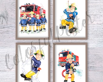 Fireman Sam poster Set of 4 Fireman Sam wall decor Fellow firefighters Nursery art Sam Tan fireman Cartoon firefighter Christams gift V740