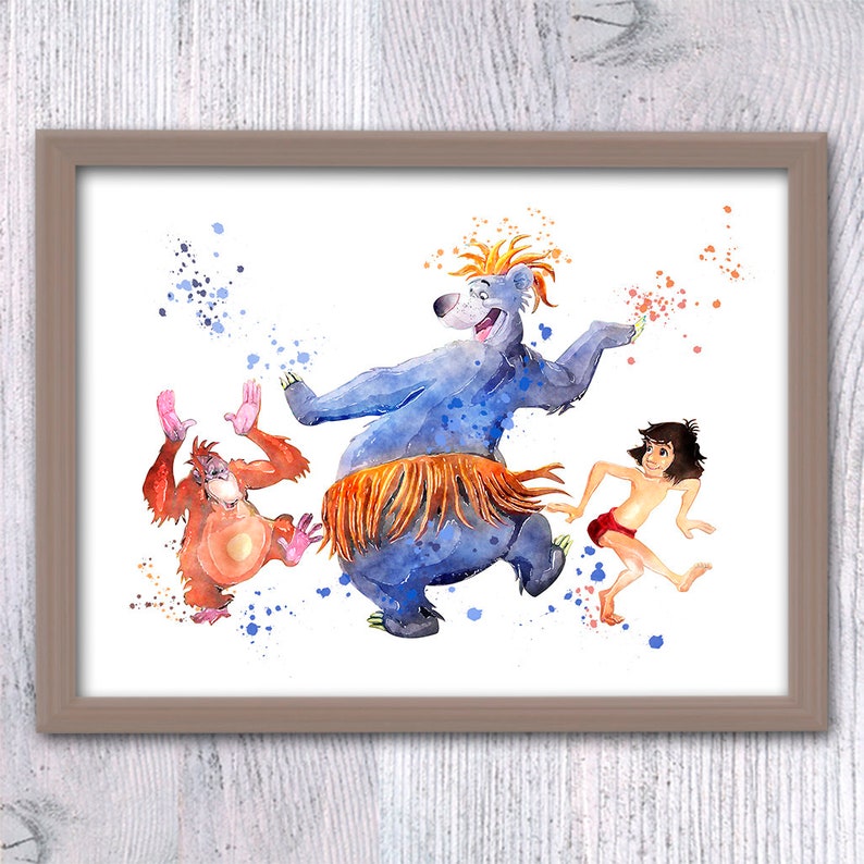 May include: A watercolour painting of three characters from the Jungle Book: Baloo the bear, King Louie the orangutan, and Mowgli. Baloo is wearing a yellow and orange grass skirt and is dancing. King Louie is wearing a red loincloth and is dancing. Mowgli is wearing a red loincloth and is running. The background is white with blue and orange watercolour splatters.