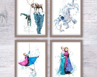 Frost akvarelltryck set med 4, Elsa Anna Sven affischer, Arendelle Kingdom väggkonst, barnrumsdekor, födelsedagspresent V145