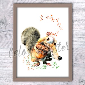 Scrat, L'era glaciale, Scrat e noce, stampa, Stanza dell'asilo, Arte per bambini, Decorazione da parete, Scoiattolo Scrat, poster divertente, Ventilatore dell'era glaciale, baby shower V132
