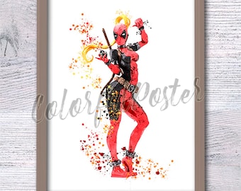Impresión en acuarela de Lady Deadpool: Arte mural de superhéroe femenina V543