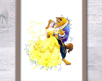 Beauty and the Beast Watercolor Print, Tale as Old as Time Wall Art, Nursery Decor, Gift for Her, Romantic Disney Inspired Poster V154