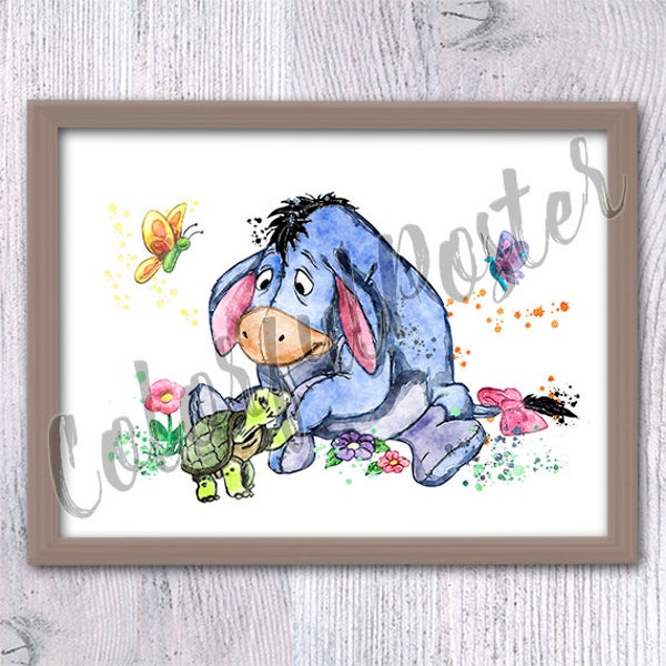 Winnie de Poeh Eeyore poster Eeyore en schildpad illustratie Eeyore print muur decor Kids kamer kunst aan de muur Kinderkamer Kwekerij decor V483