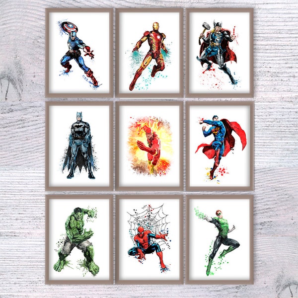 Superhero poster Set of 9 Super hero print Superhero wall decor Kids room wall art Comic book heroes Christmas gift V365