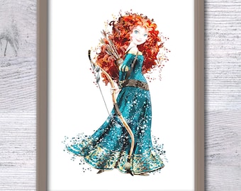 Impression d'art aquarelle princesse Merida : décoration de chambre de fille courageuse V48