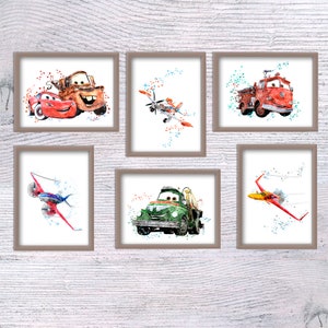 Impressões artísticas em aquarela de aviões e carros para berçário - Conjunto de 6 V413