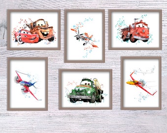 May include: Set of six watercolor prints featuring characters from the Disney Pixar movie Cars. The prints feature Lightning McQueen, Mater,  Dusty Crophopper,  and  a red fire truck. The prints are framed in brown frames and are displayed on a white wood background.