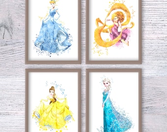Láminas de acuarela de princesas de cuento de hadas - Juego de 4 V88
