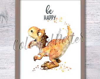 Dinosaur Nursery Wall Art - "Be Happy" Brachiosaurus Poster - Gender Neutral Playroom Decor - Cute Dino Affirmation Print for Kids V595