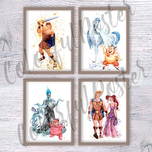Conjunto de 4 pôsteres de Hércules, decoração de parede de Hércules, heróis e vilões, presente de aniversário, arte de parede para berçário, decoração de casa V622