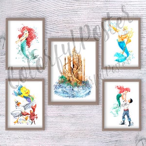 Lot de 5 affiches de la petite sirène, impression d&#39;art Ariel et famille, décoration murale princesse Disney, chambre de bébé sous la mer, chambre d&#39;enfants, cadeau d&#39;anniversaire V312