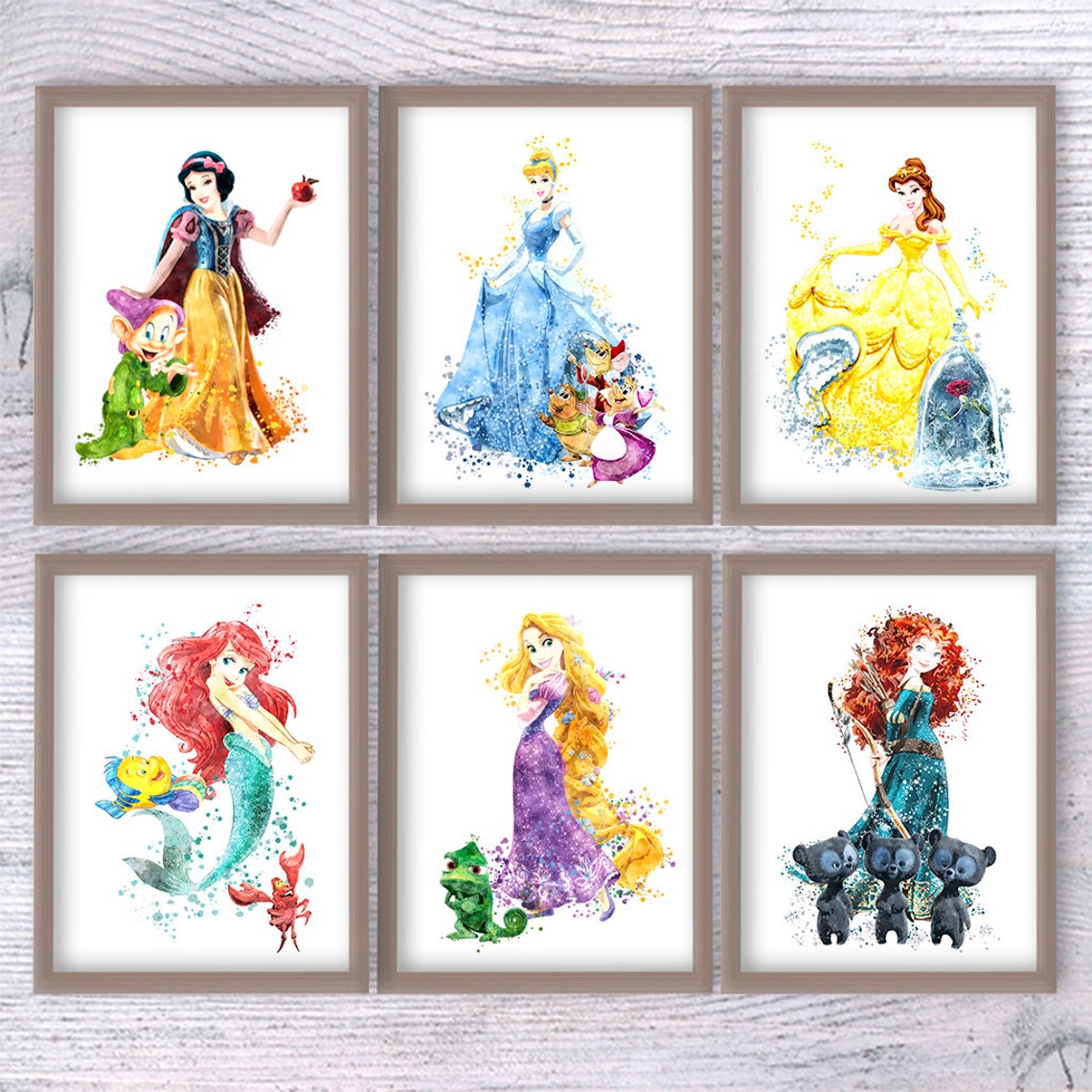 Disney Princess Poster Set of 6 Disney Wall Decor Princess Watercolor ...