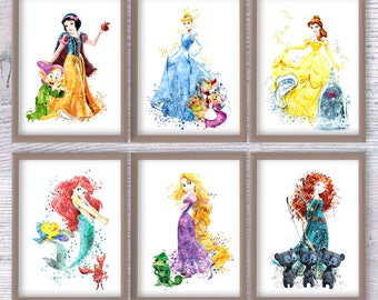 Disney princess poster Set of 6 Disney wall decor Princess watercolor Girls room decor Disney print Christmas gift Nursery art V437
