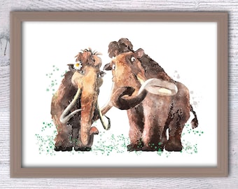 Ice Age Mammoth Family Watercolor Print: Nursery Wall Art V94