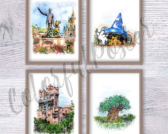 Disney print Set of 4 Disney icon Disney wall decor Disney theme park Nursery art Disney poster Disney watercolor V721