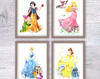 Juego de 4 impresiones de princesas, decoración de pared de hadas, póster de acuarela de princesas, decoración de habitación infantil, arte de pared para habitación de niños, decoración de habitación de niñas V442