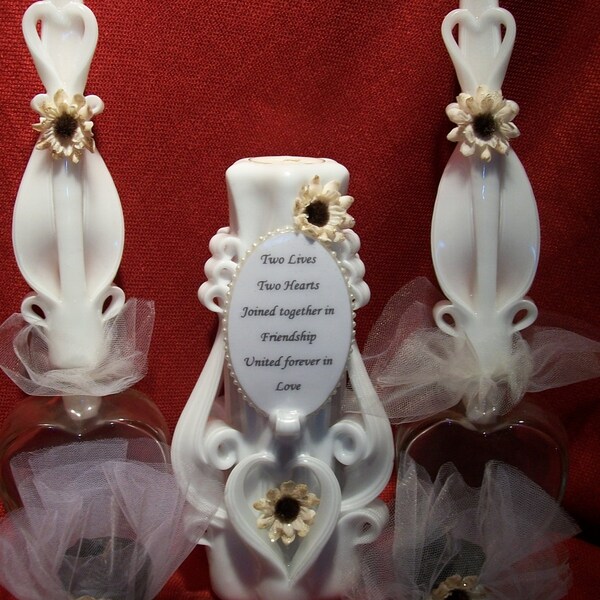 Heart Wedding Unity Candle Set - Carved Candles - Hand Carved Candles - White Wedding Unity Candles - 7 pcs. Two Lives Two Hearts Poetry