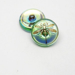 1pc Czech Hand Made Art Glass Button Dragonfly Round  18mm Light Peridot Green Gold Dragonfly AB (BUT038-15073)