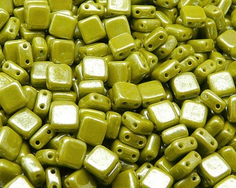40pcs Two Hole Pressed CzechMates Glass Tile Beads 6mm Opaque Light Green Ceramic Look