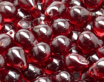 10pcs Czech Pressed Glass Teardrop Beads 10x14mm Ruby