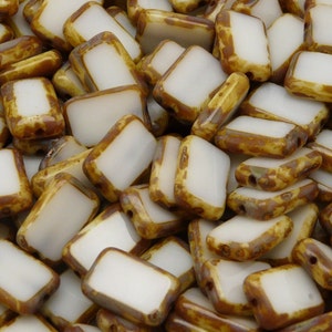 10pcs Czech Pressed Glass Table Cut Rectangle Flat Beads 12x8mm White Opal Travertine