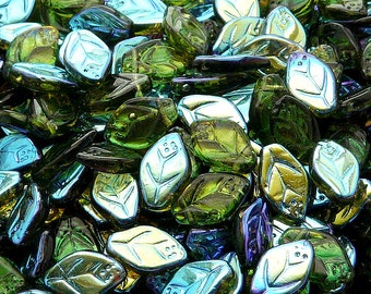 25pcs Czech Pressed Glass Leaf Beads 7x12mm Olivine AB