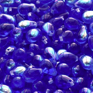 30pcs Czech Pressed Glass Teardrop Beads 6x9mm Sapphire AB (A 10-06)