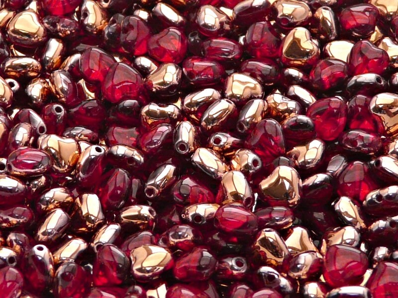 50pcs Czech Pressed Glass Heart Beads 6mm Ruby Capri Gold