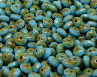 40pcs Czech Fire-Polished Faceted Glass Rondelle Beads 7x4mm Opaque Turquoise Blue Travertine