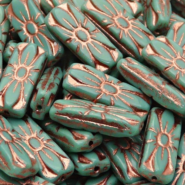 8pcs Czech Pressed Glass Rectangular Beads with Floral Motif 20x8mm Opaque Turquoise Green Bronze Fired Color (A 06-01)