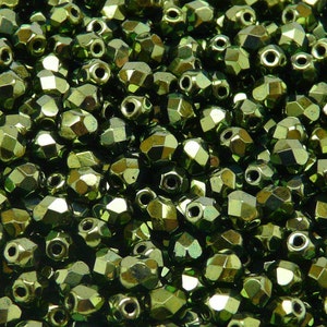 80pcs Czech Fire-Polished Faceted Glass Beads Round 5mm Jet Green Look