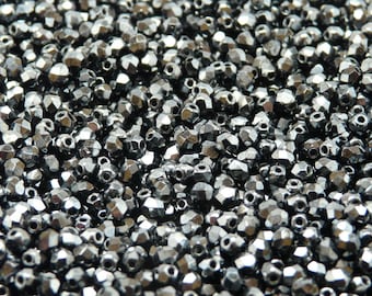 100pcs Czech Fire-Polished Faceted Glass Beads Round 3mm Jet Hematite