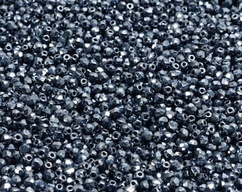 100pcs Czech Fire-Polished Faceted Glass Beads Round 2mm Jet Hematite